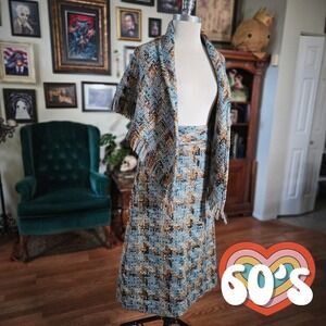 Vintage 60s Suzy Cream Cheese Chunky Knit Tweed Skirt and Shawl Set Vegas